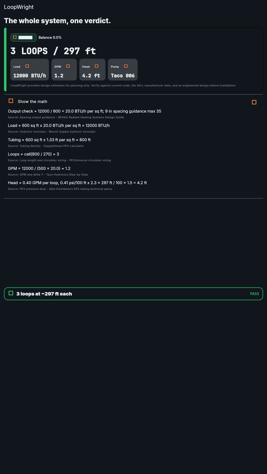 LoopWright verdict card with loop count, GPM, head, and pump match