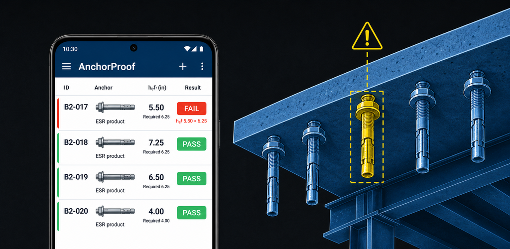 AnchorProof phone preview with an ESR judged FAIL anchor under a structural slab