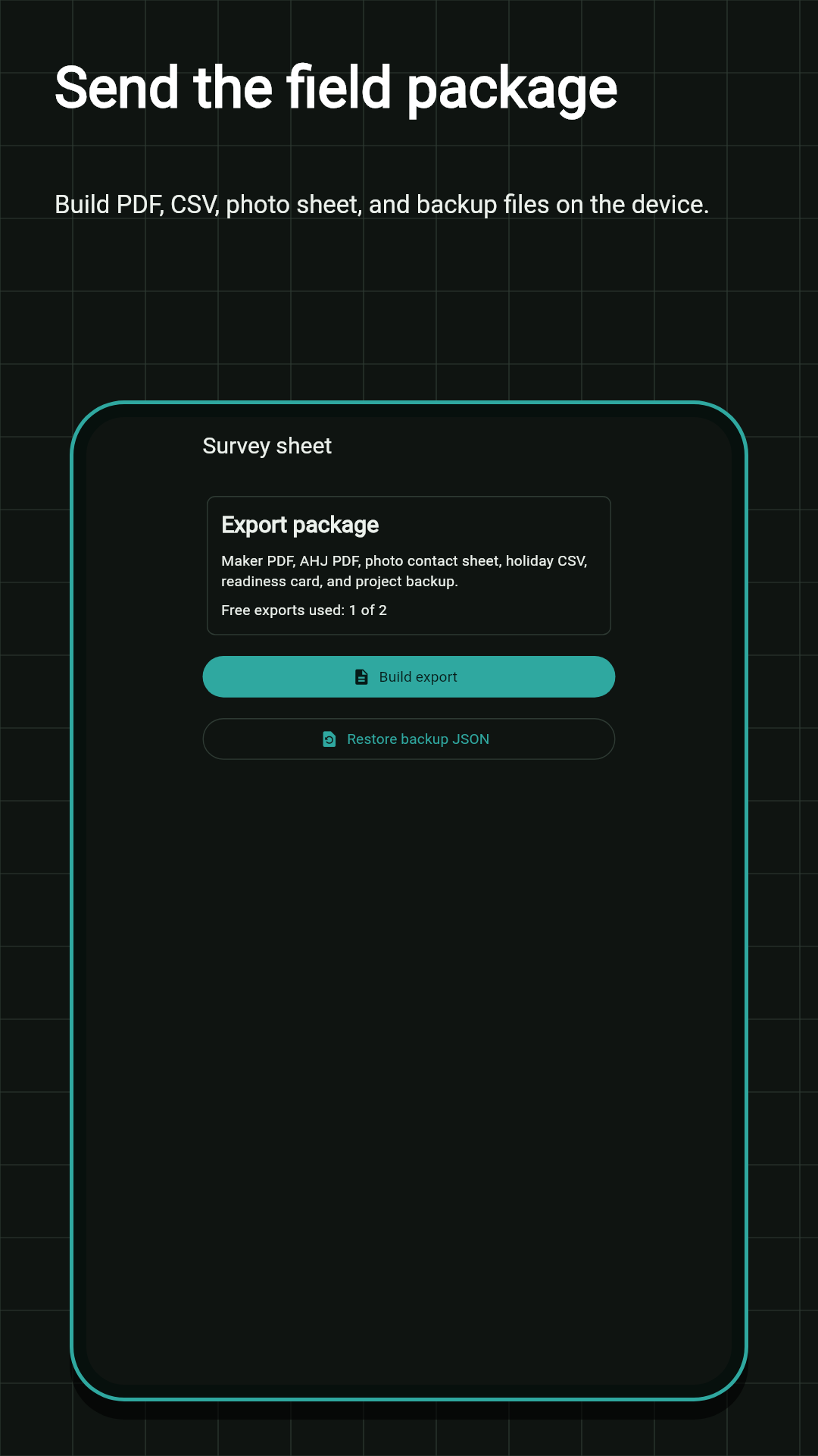 Export package screen for PDF, CSV, and backup files