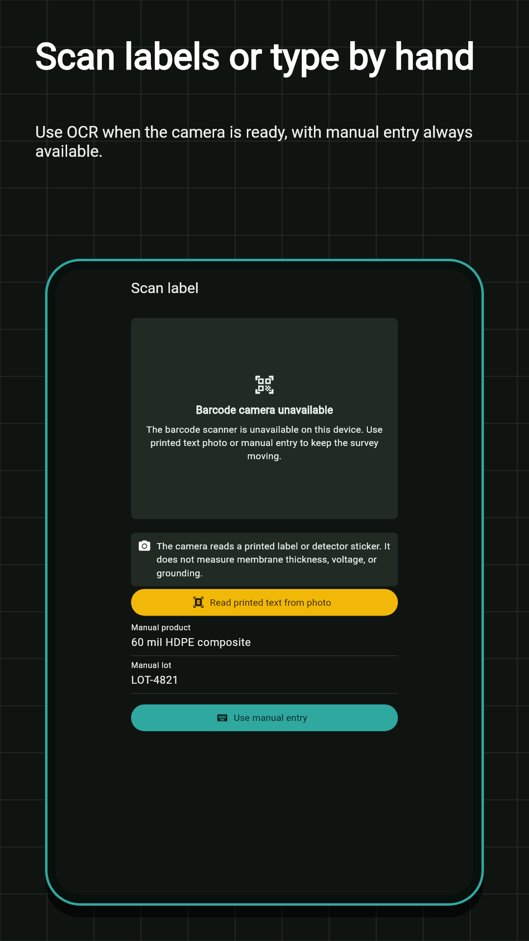 Scanner fallback screen with photo text and manual entry