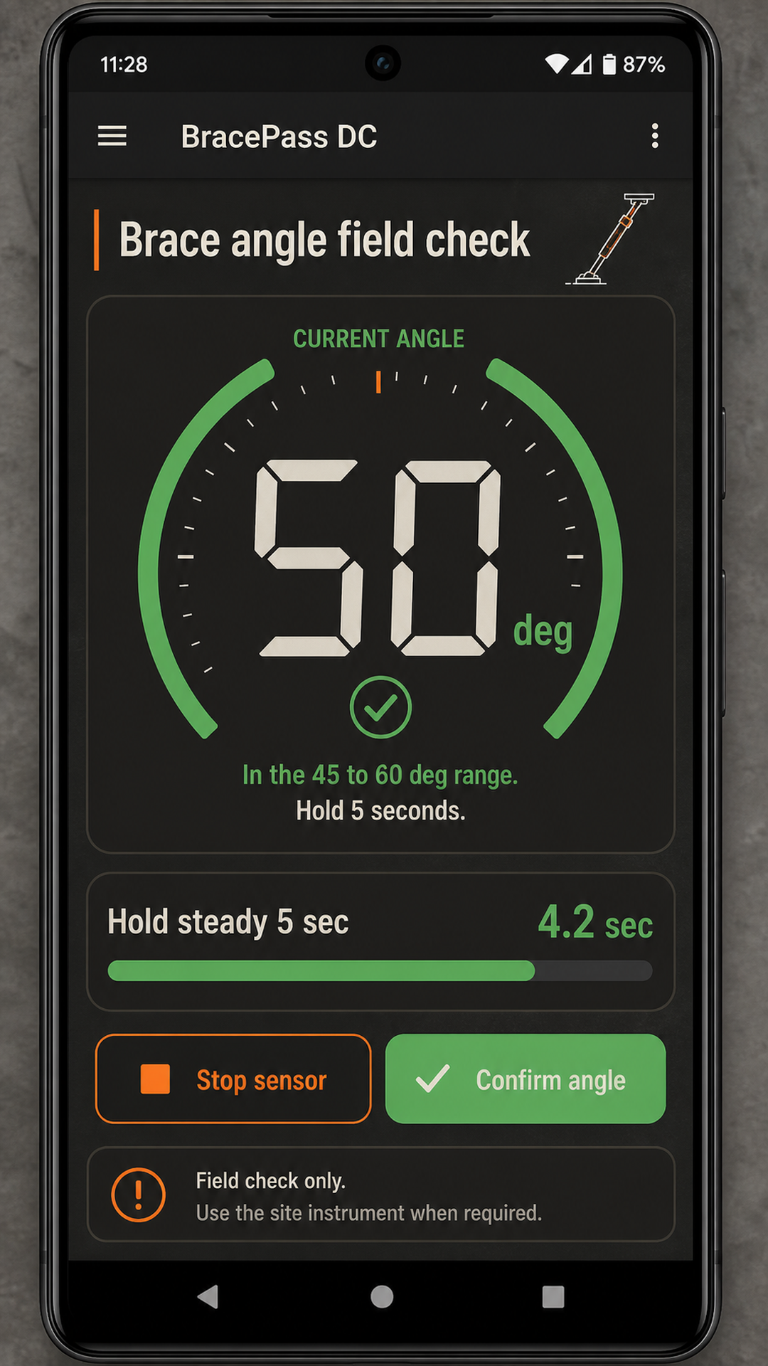 Brace-angle field check screen