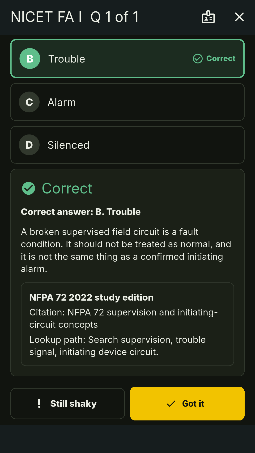 Answer explanation screen