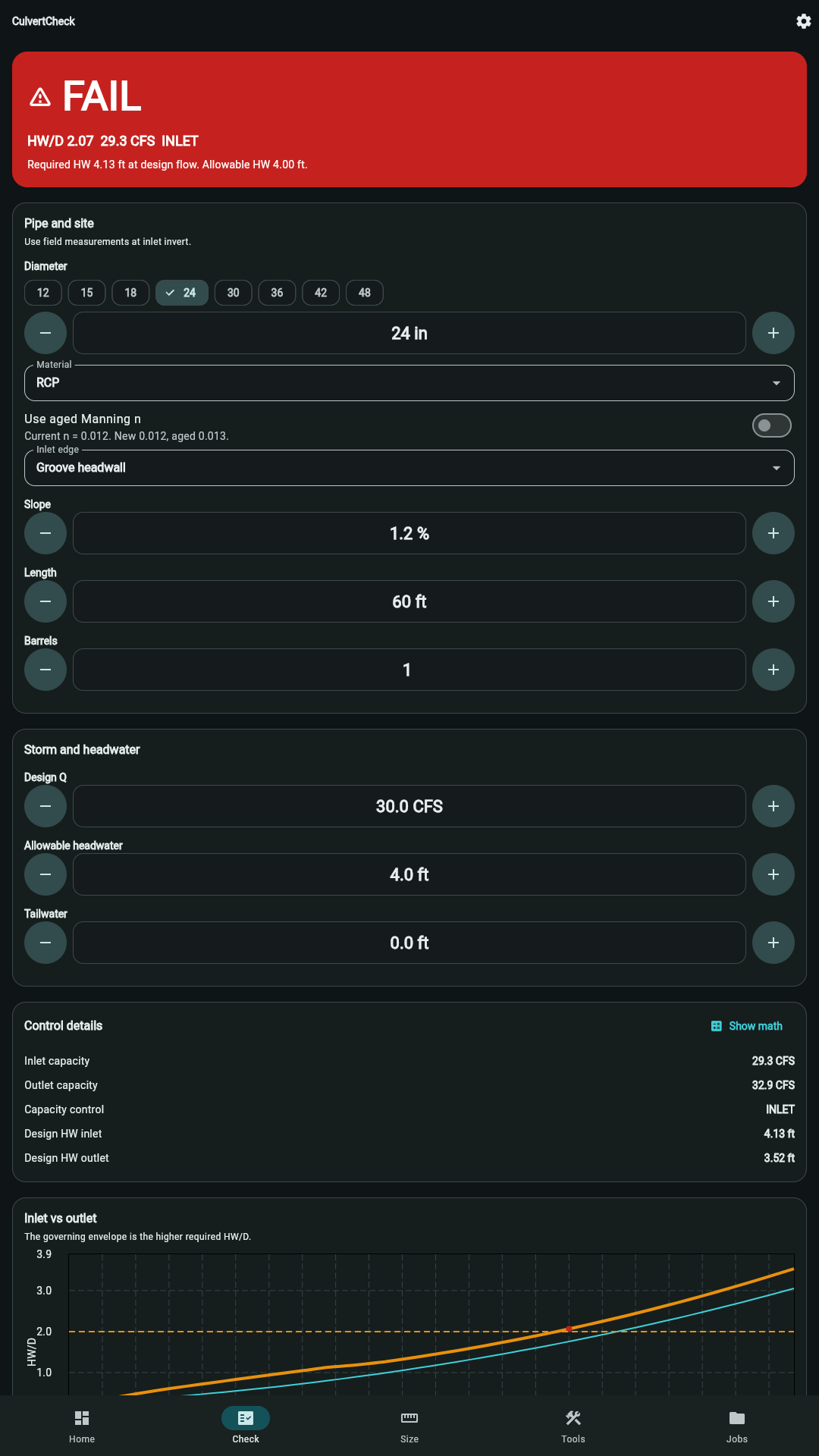 Capacity check screen with headwater verdict