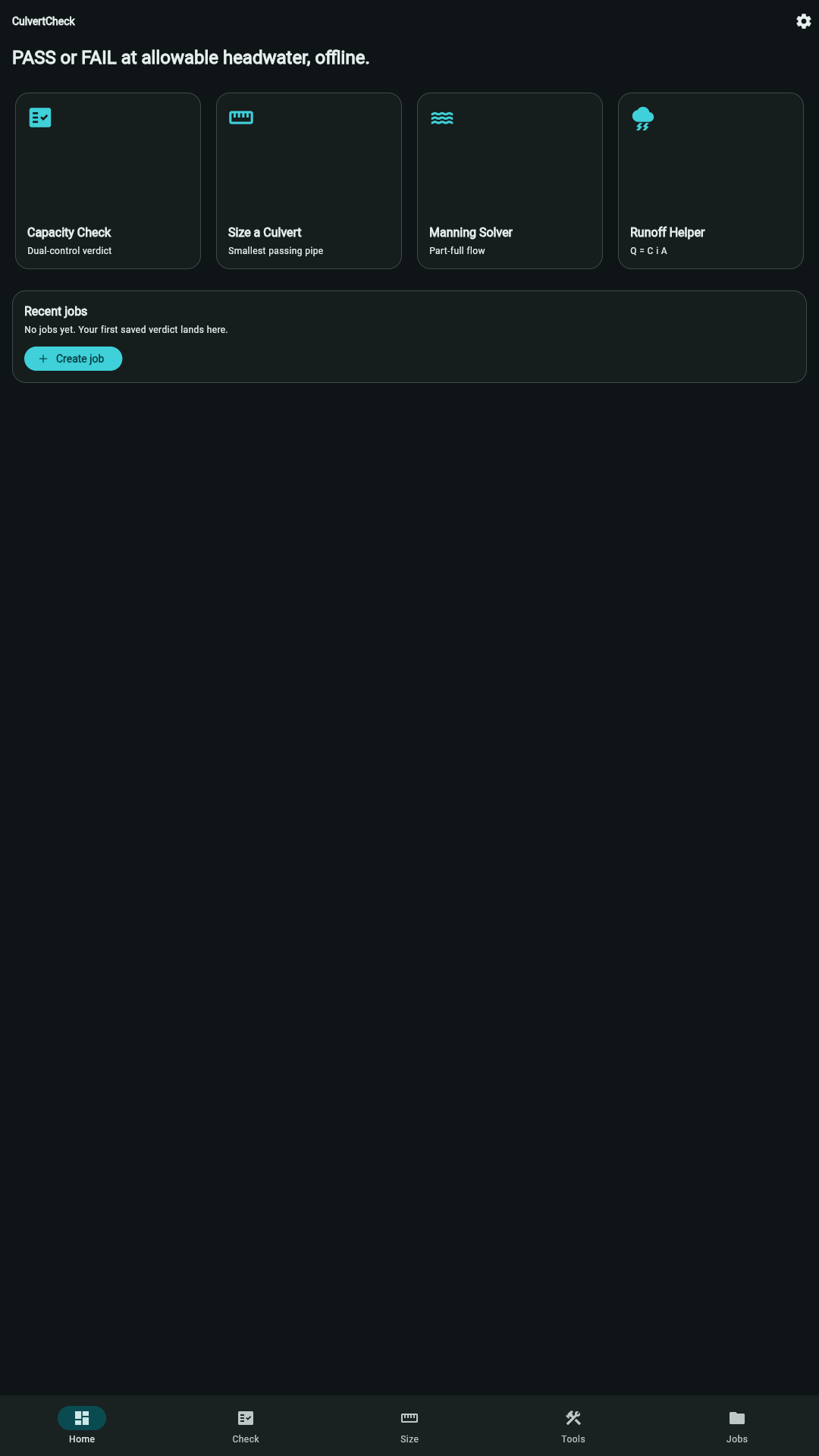 CulvertCheck home screen