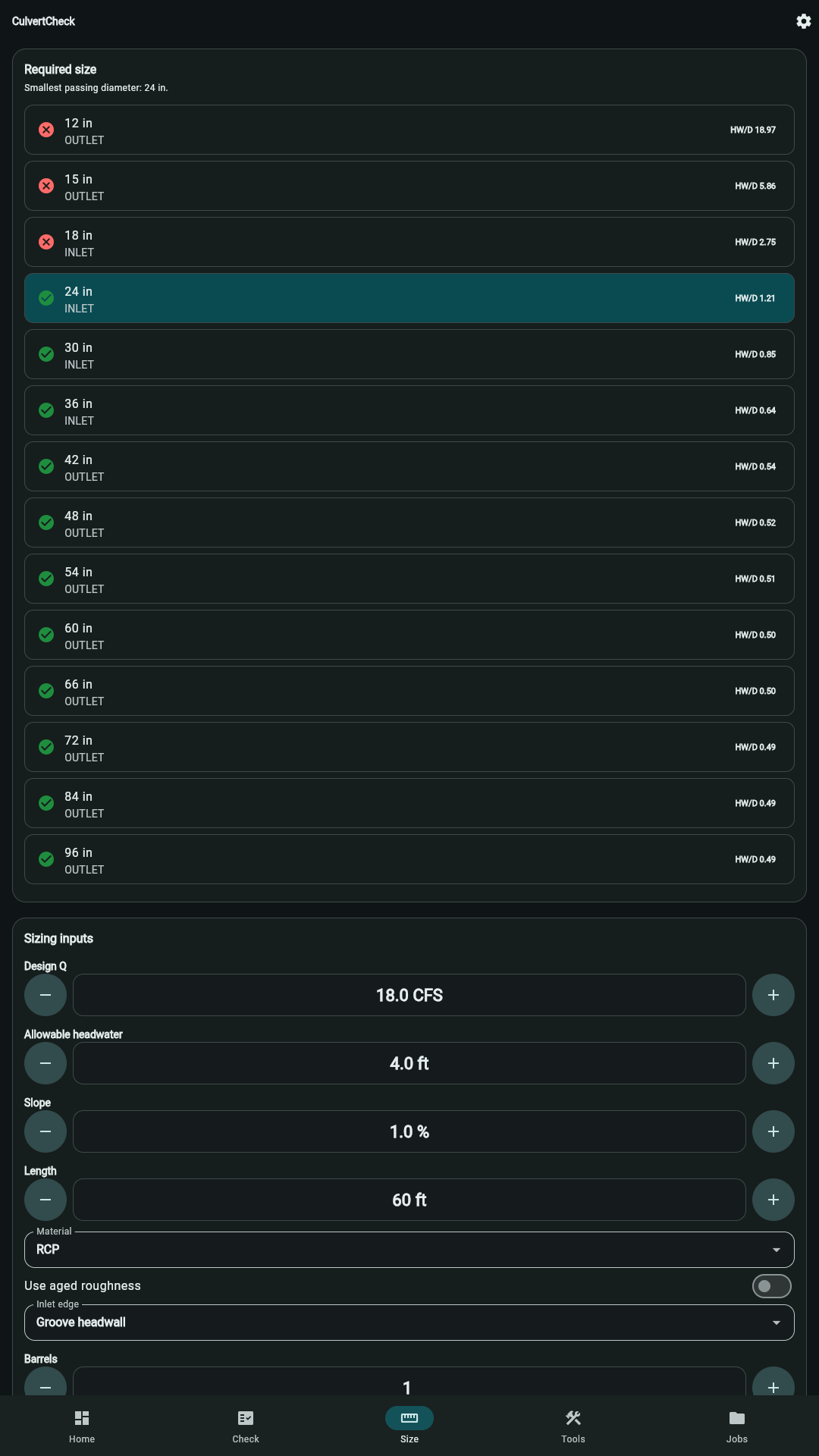 Sizing screen with pipe result