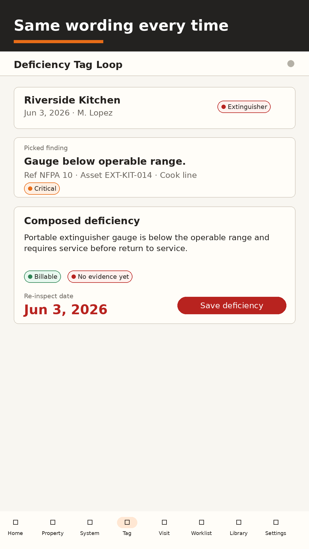 Composer screen showing a picked extinguisher finding and re-inspect date.