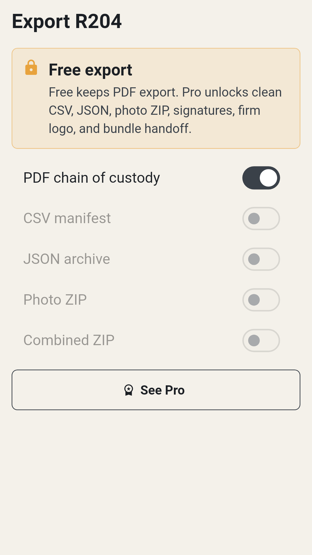 Export package options for the custody handoff