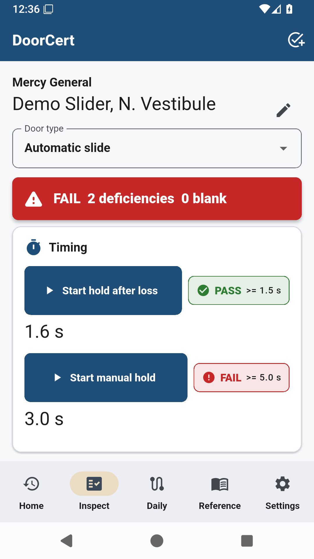 DoorCert inspection screen with FAIL verdict and timing checks
