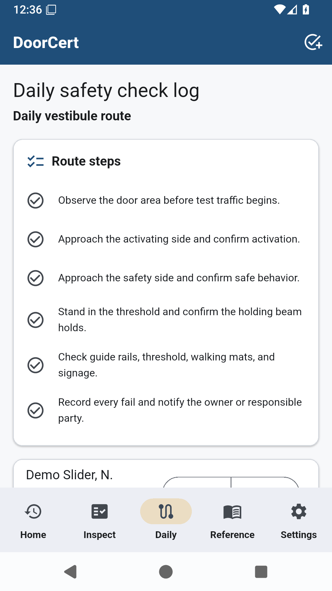 DoorCert daily safety check route screen
