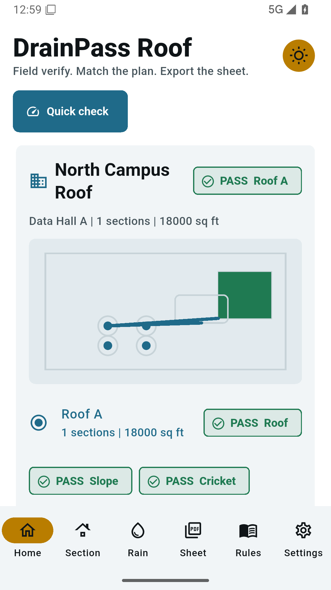 Roof dashboard with PASS and REVISE status by section.