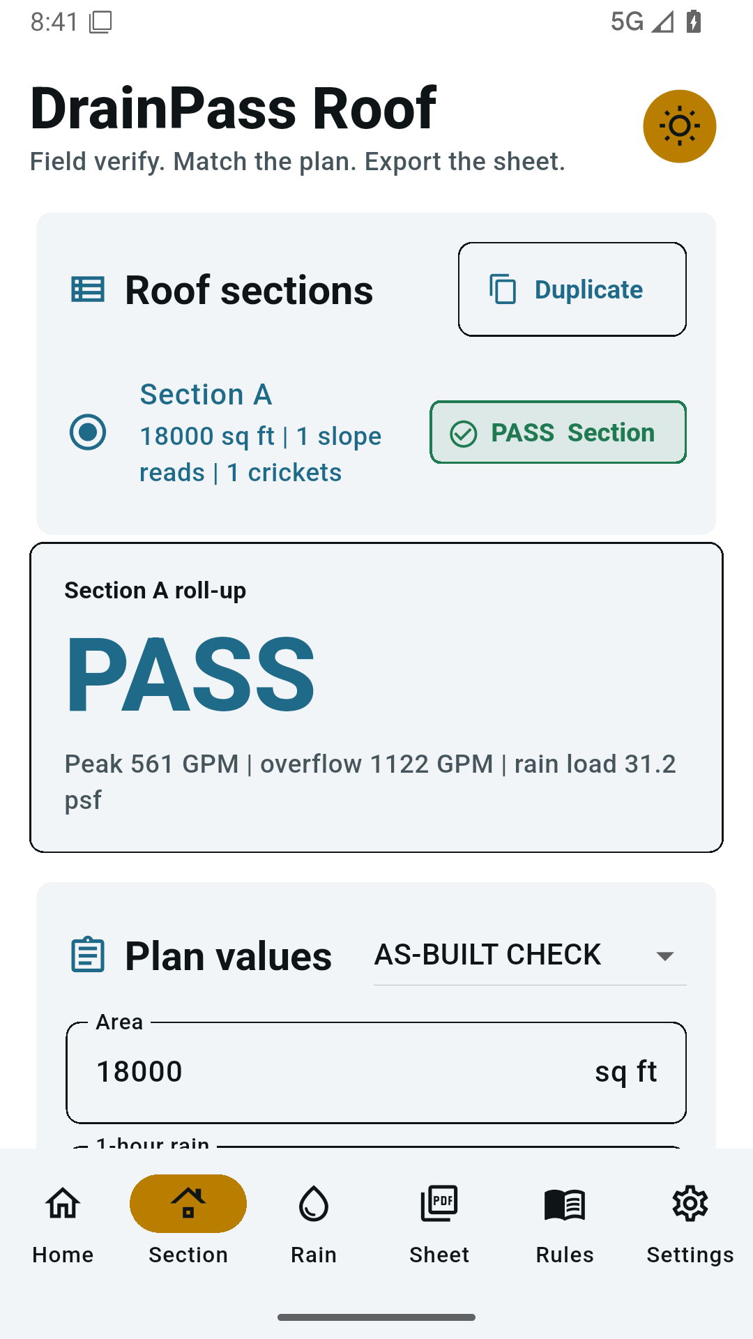 Section detail with plan values, slope, cricket, flood test, and cross-check cards.
