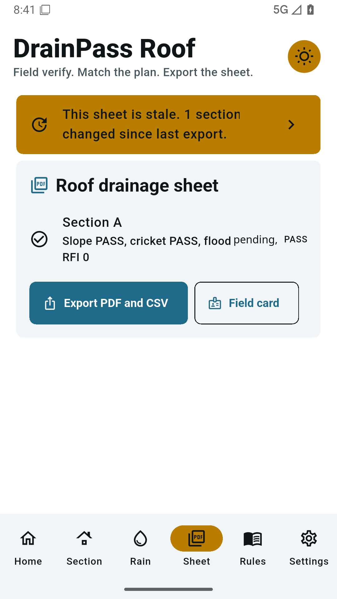 Drainage sheet export for PDF, CSV, and field cards.