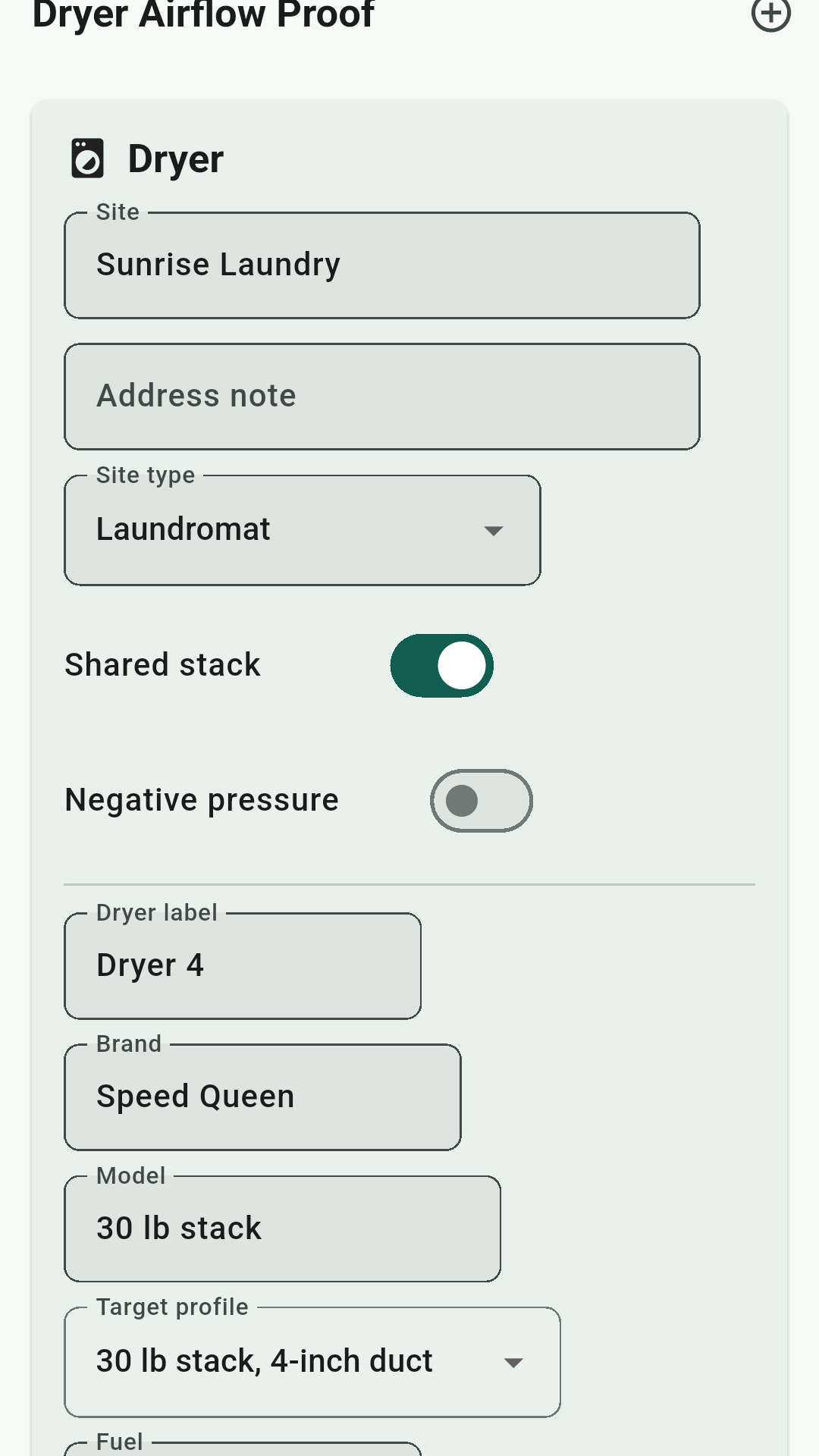 Reading pad showing computed CFM, airflow FAIL, and static pressure FAIL