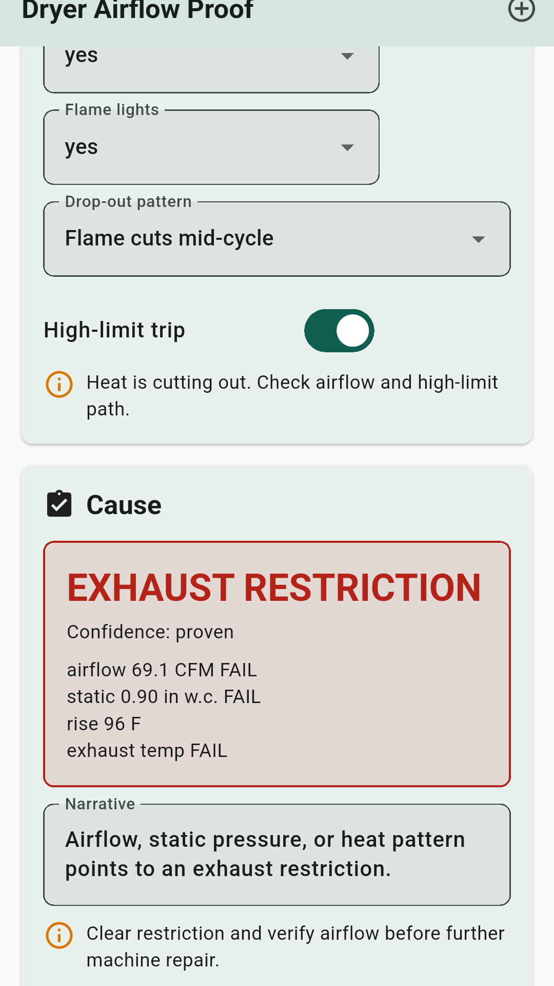 Lint and restriction checklist with camera buttons and photo thumbnails