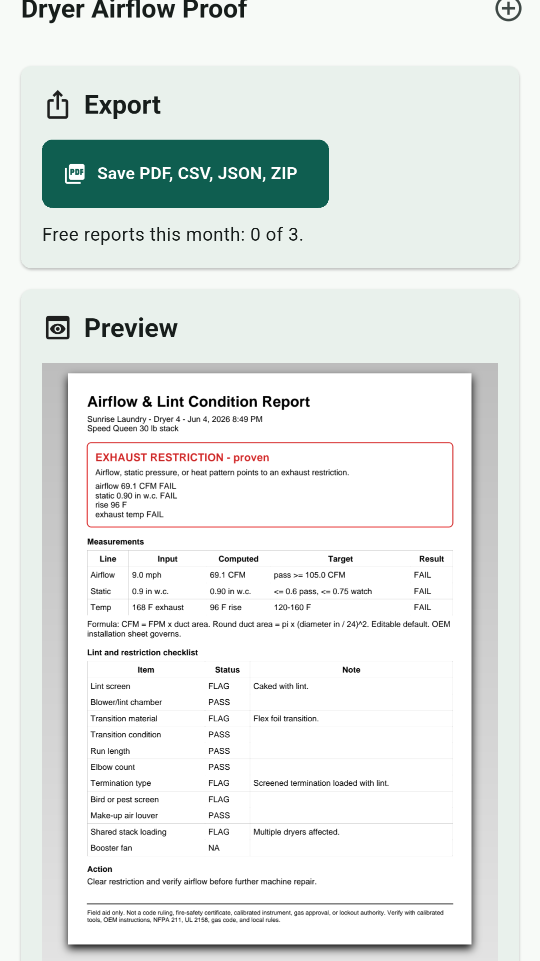 Condition report preview with readings, targets, cause class, and disclaimer