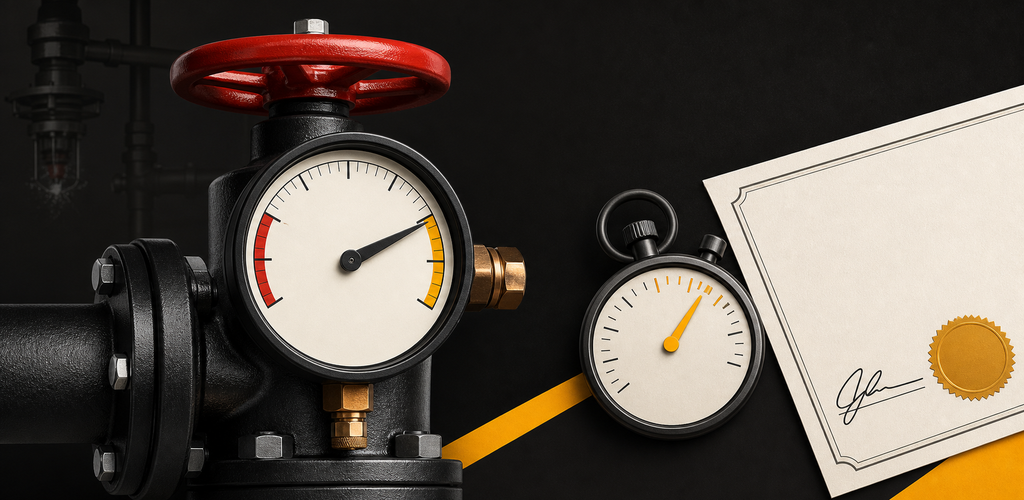 Dry-pipe valve gauge, stopwatch, and certificate graphic