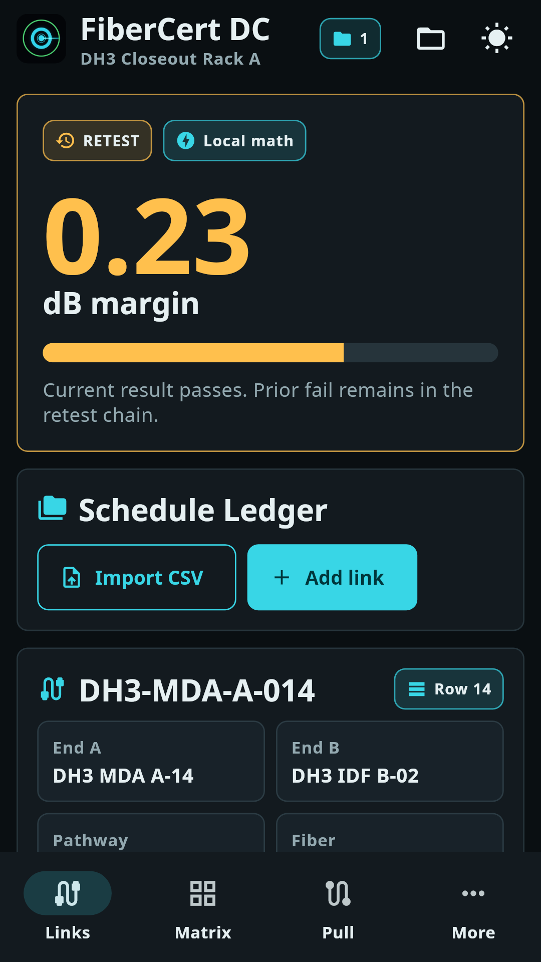 FiberCert DC link detail with margin and retest state