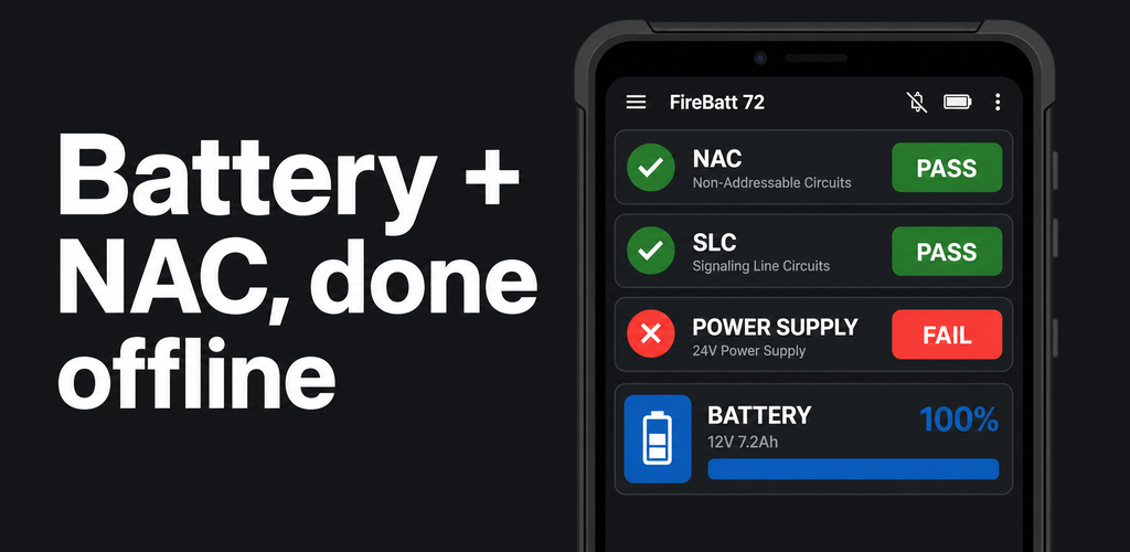 FireBatt 72 feature graphic showing offline battery and NAC results.