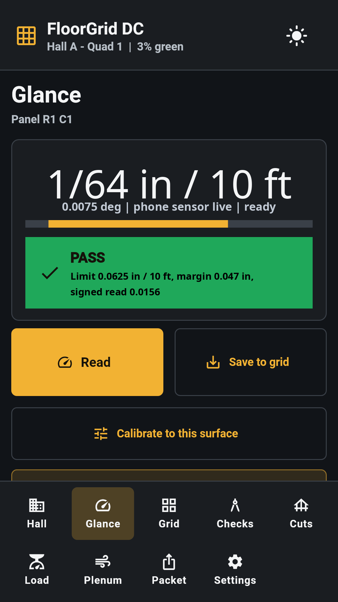 Glance screen with level result and save controls