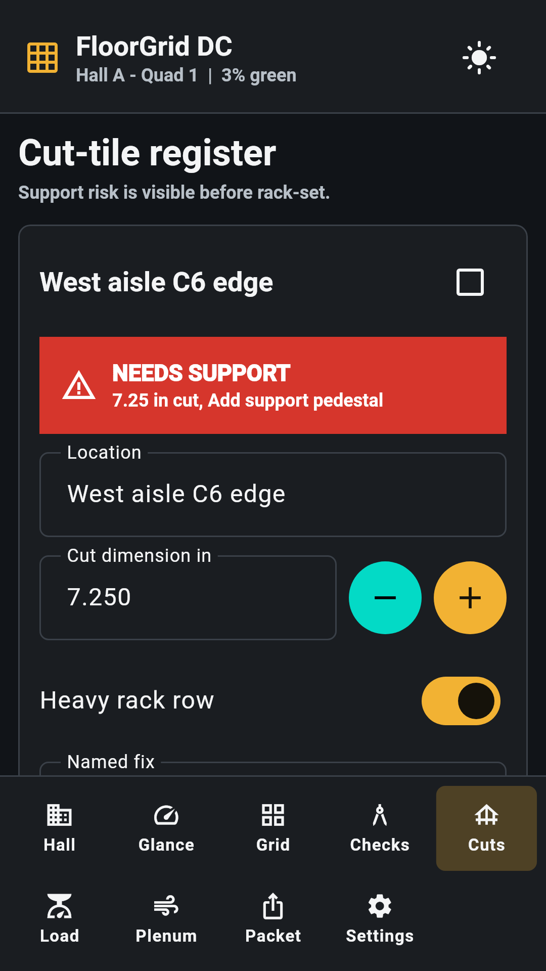 Cut-tile register with support-risk rows