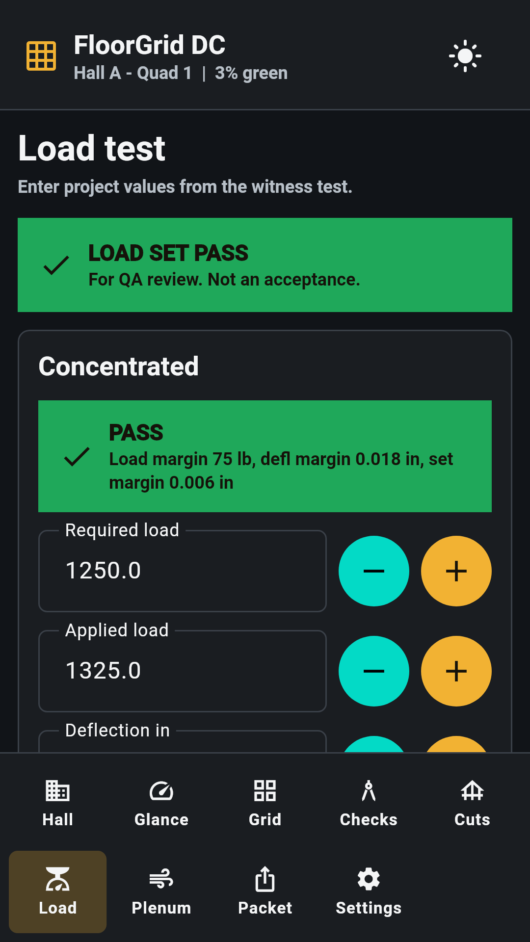 Load-test entry screen with graded cases