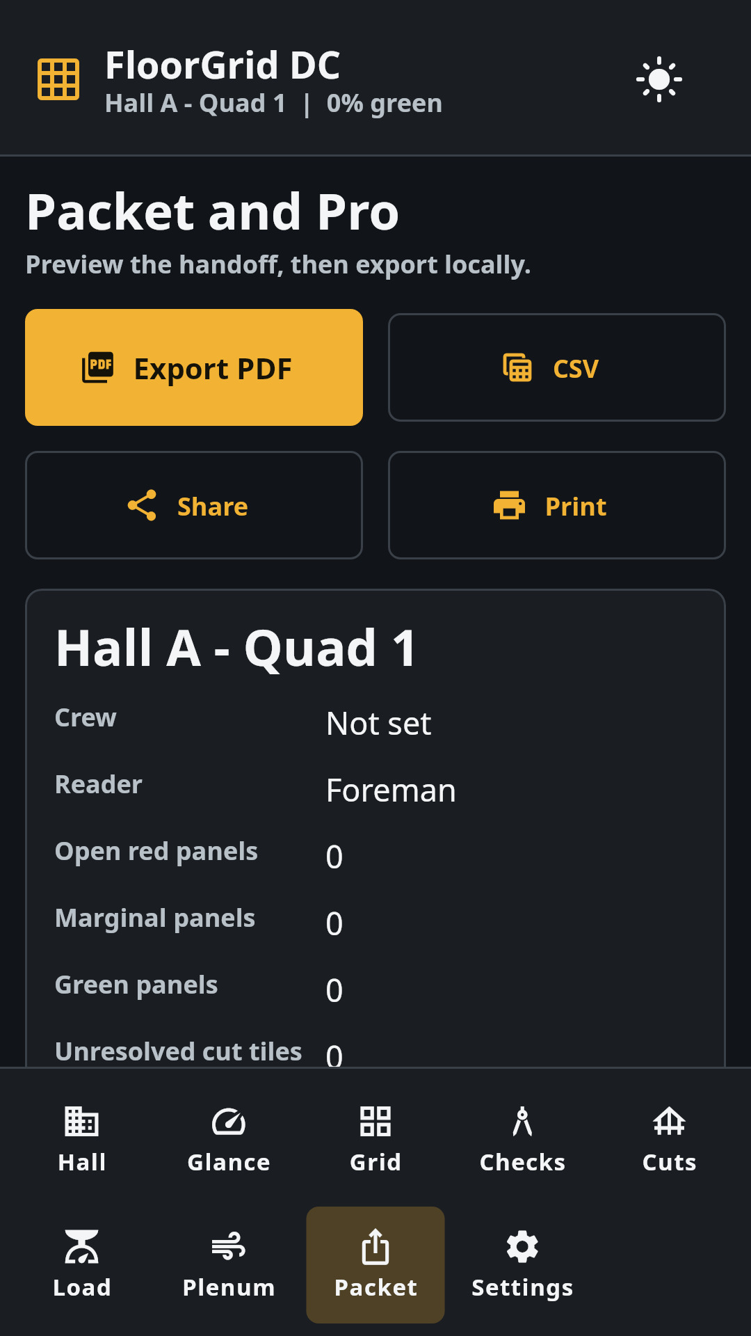 Packet preview with export actions and QA lines