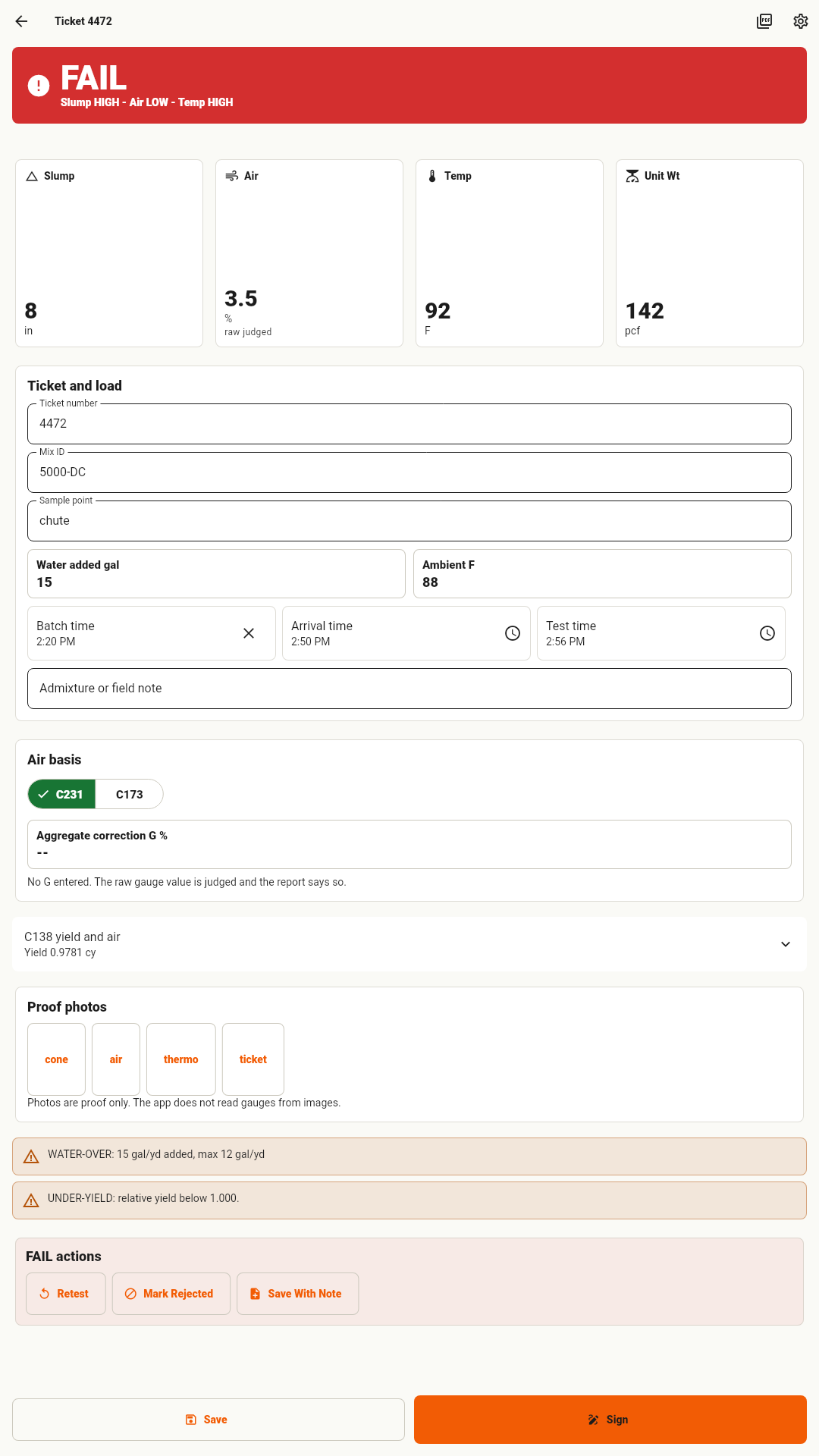 Truck card with a large PASS or FAIL verdict
