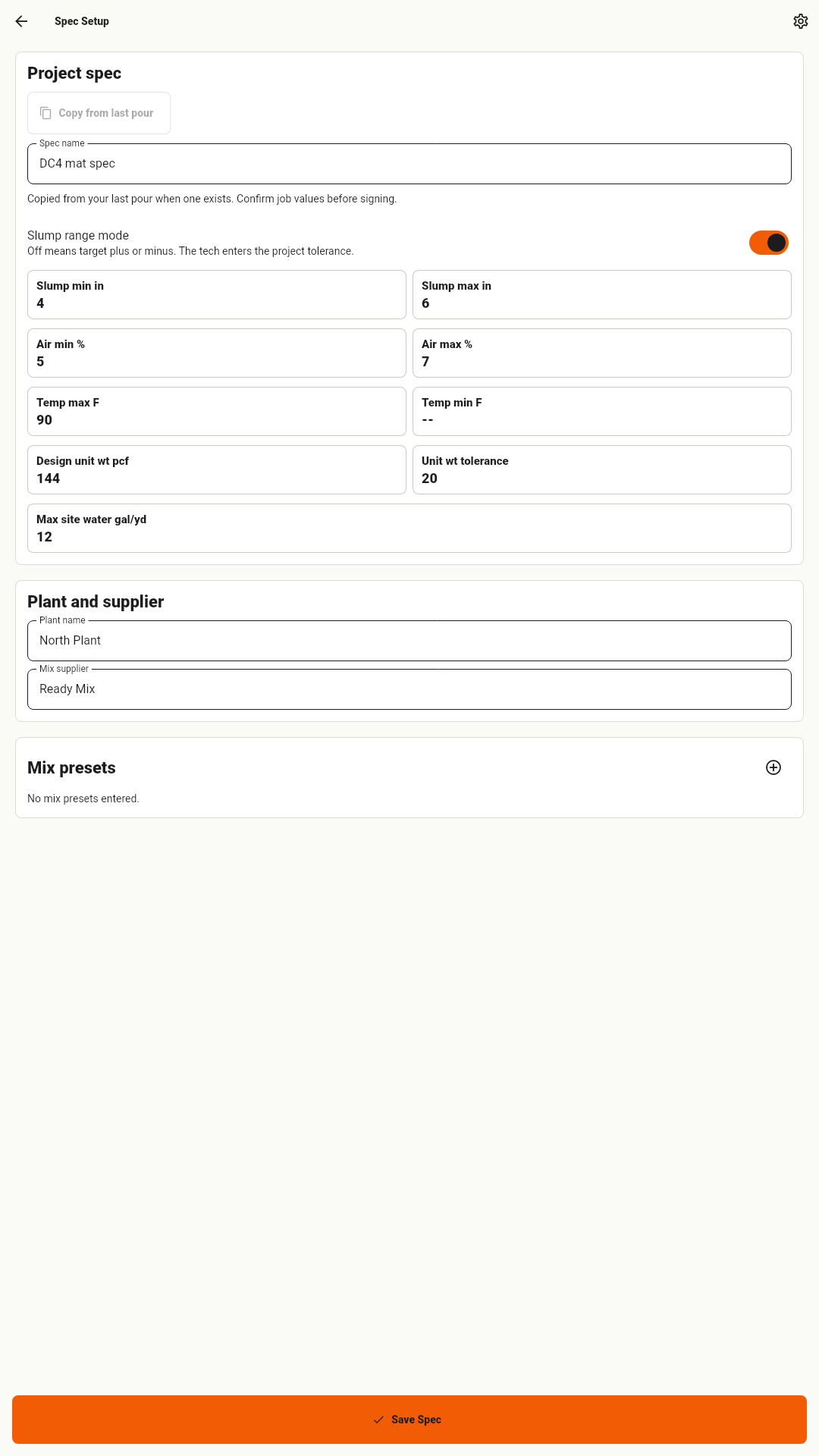 Project spec setup screen for slump, air, temp, and unit weight