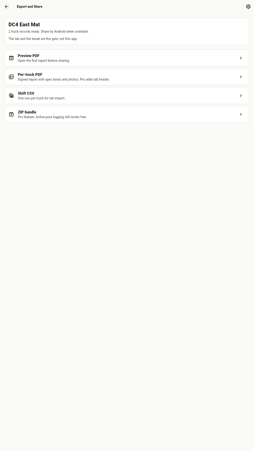 Export screen for PDF, CSV, and ZIP records
