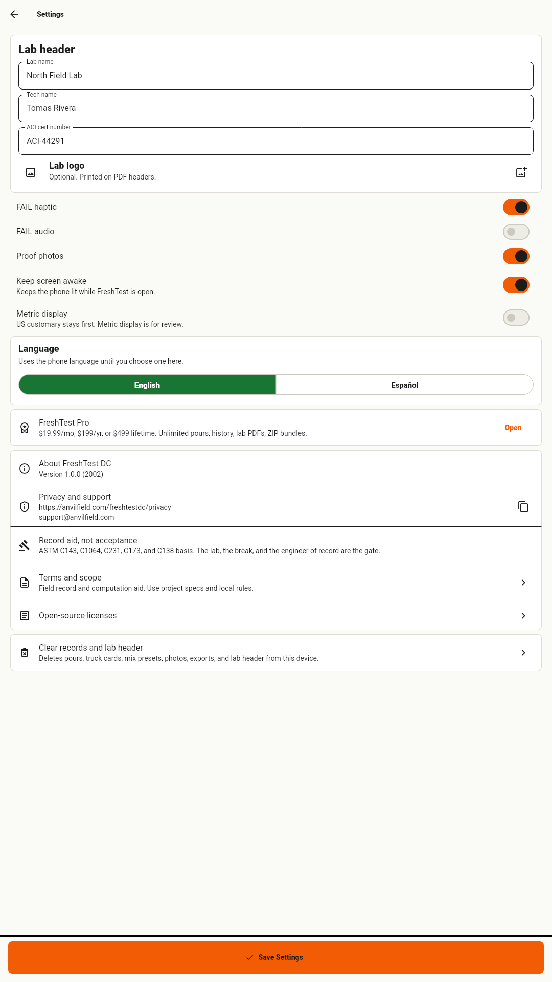 Settings screen for lab header, proof photos, and record controls