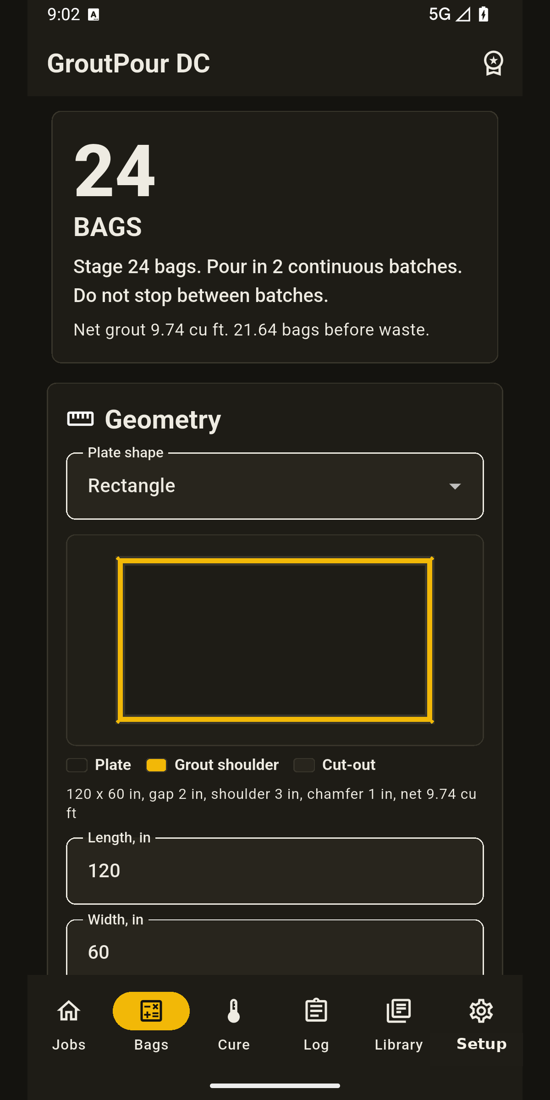 Bag yield screen with grout quantity and staging