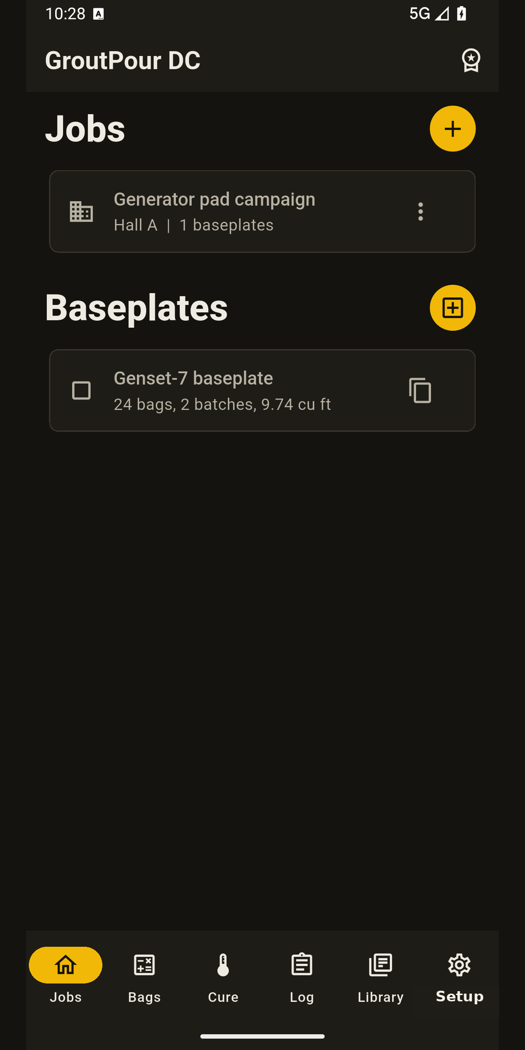 Jobs screen with job and baseplate list