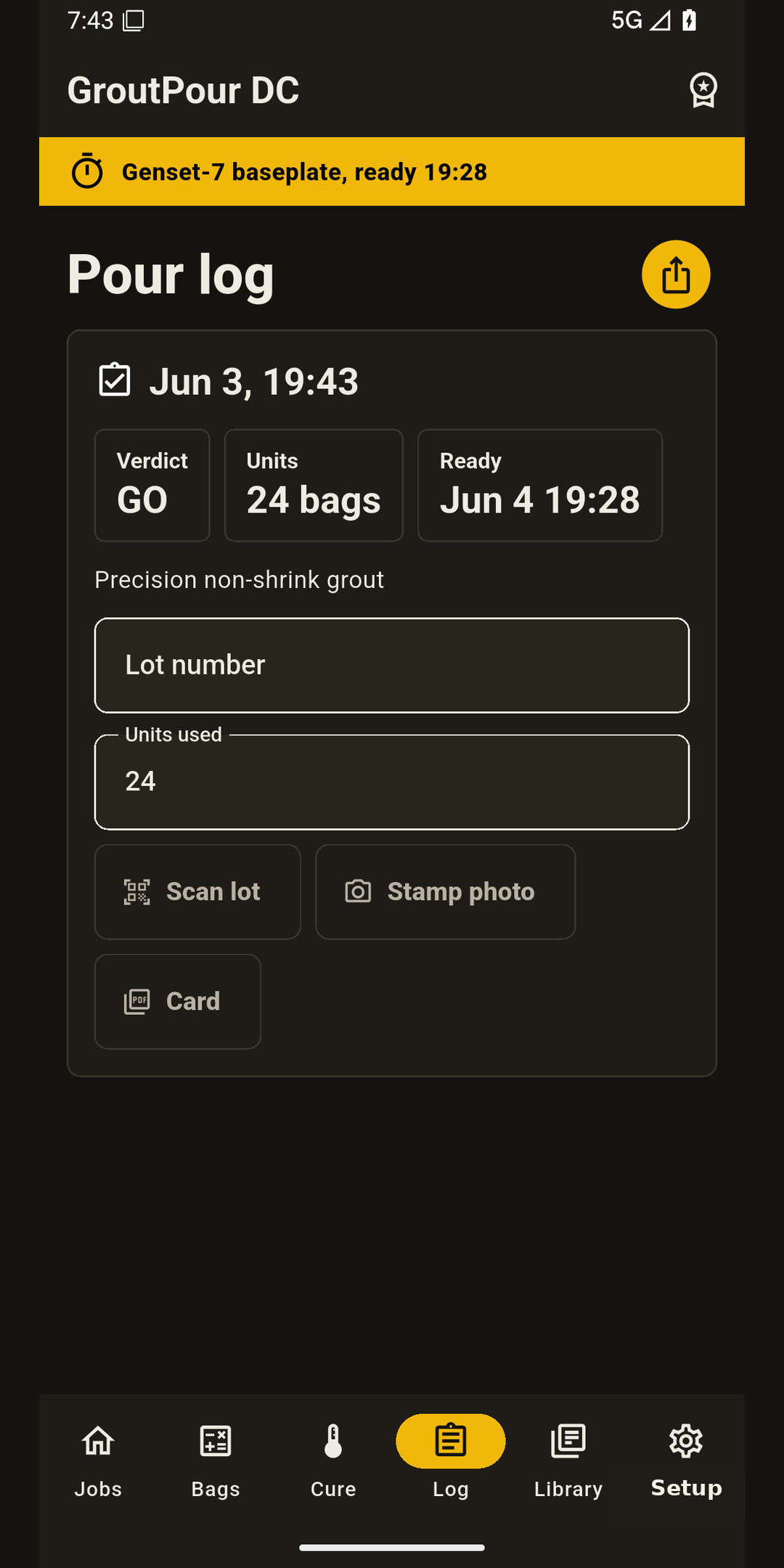 Pour log screen with load-bearing timing