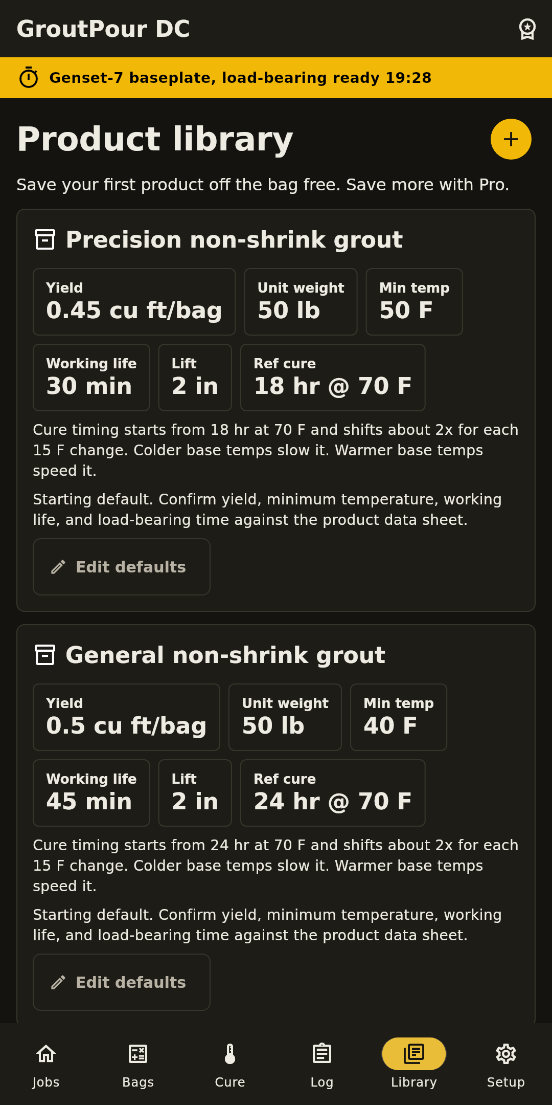 Product library screen with grout defaults