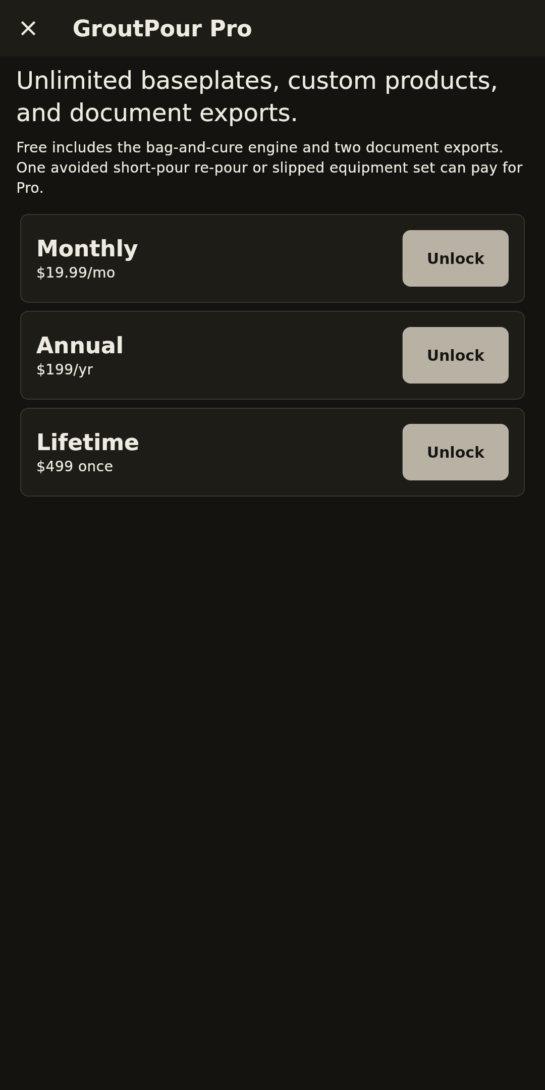 Pro unlock screen with unlimited baseplate offer