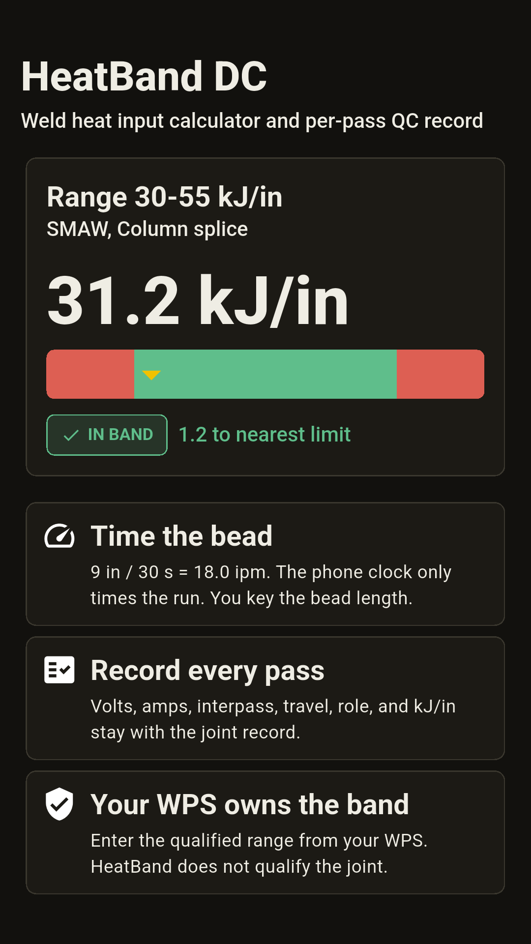 HeatBand DC pass band tile with kJ per inch verdict