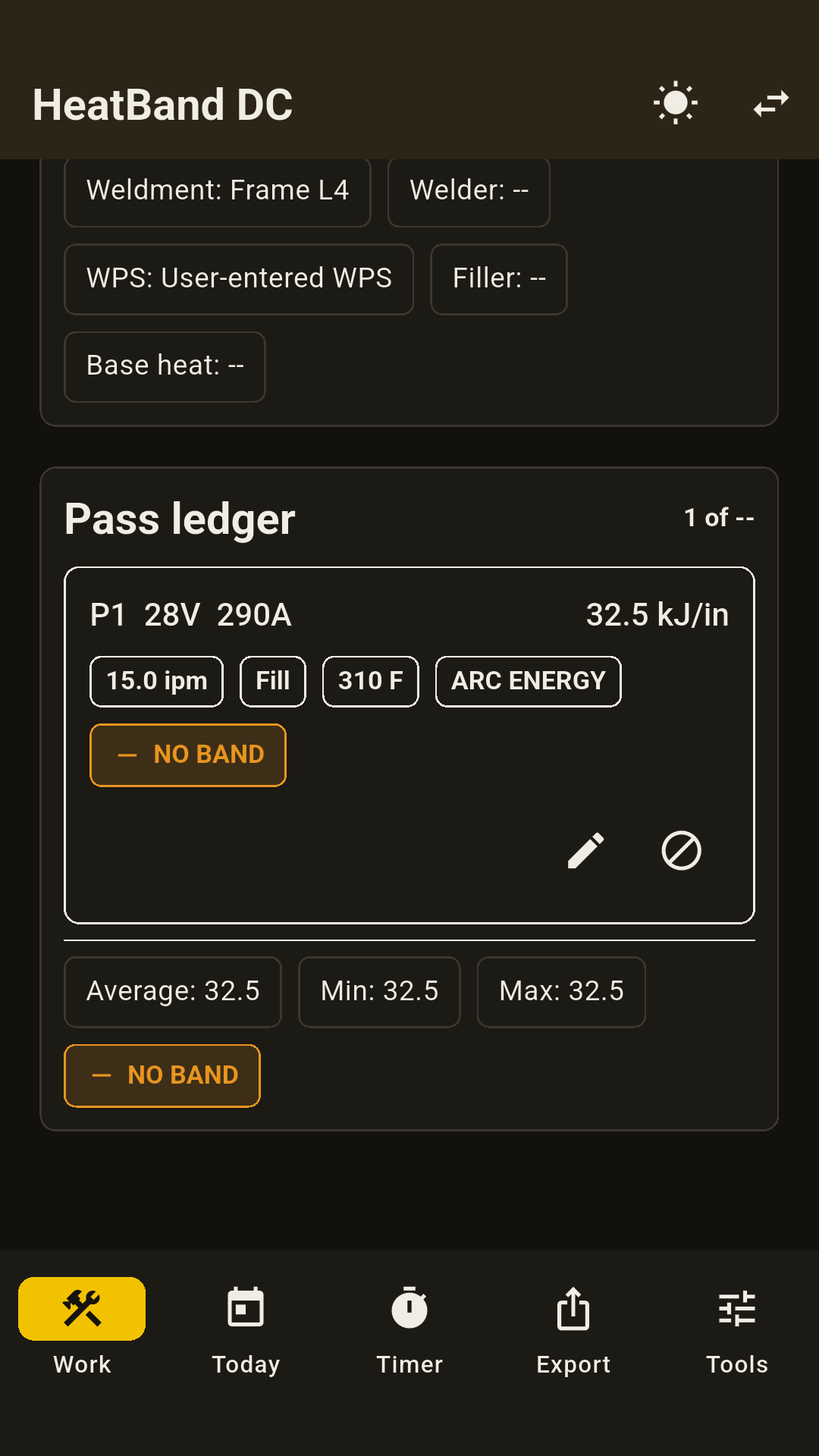 HeatBand DC per-pass weld ledger