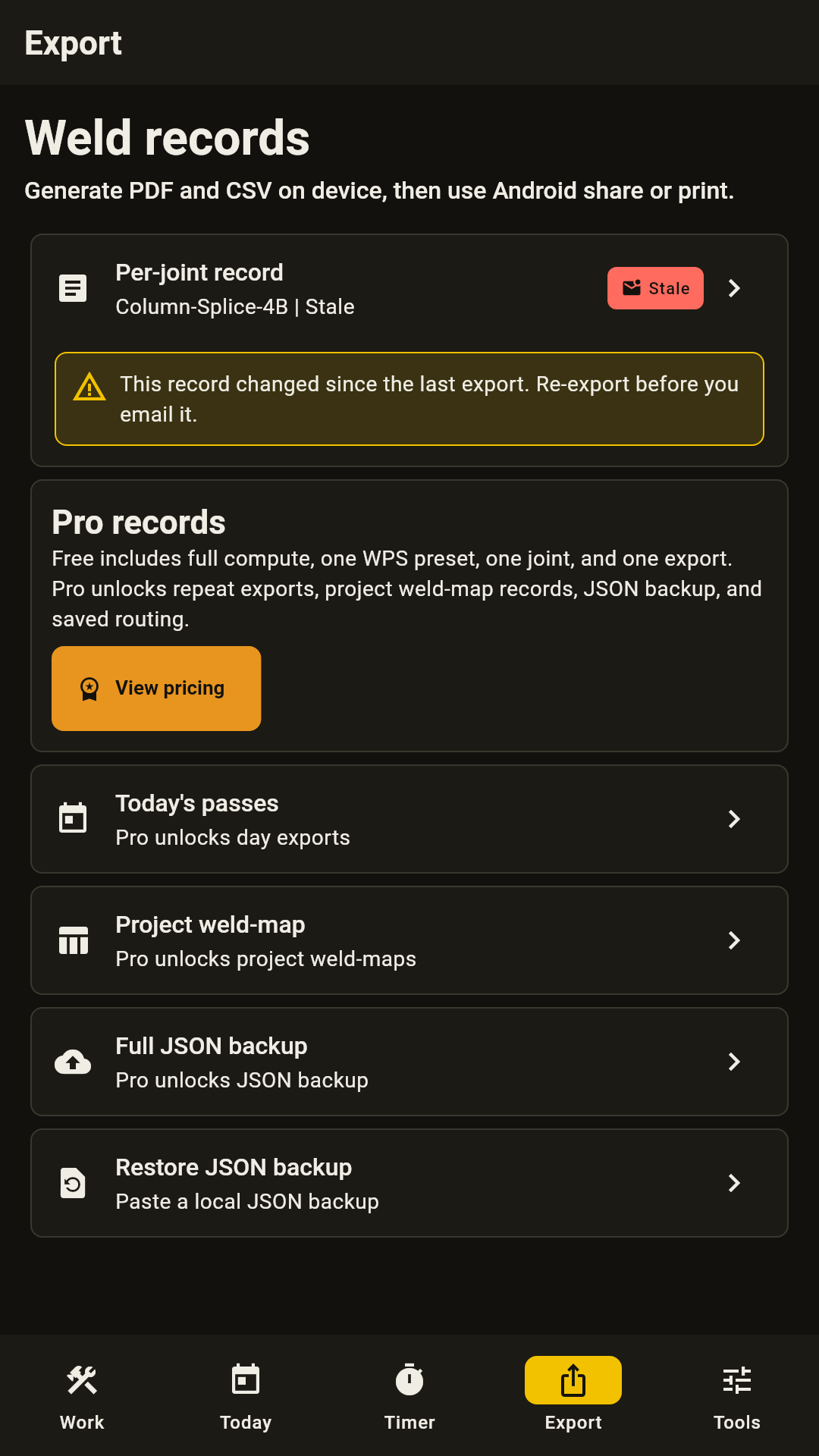 HeatBand DC export records screen