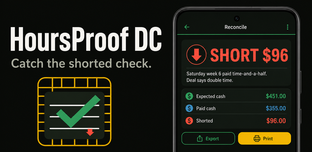 HoursProof DC app screens showing paycheck reconcile and shift records