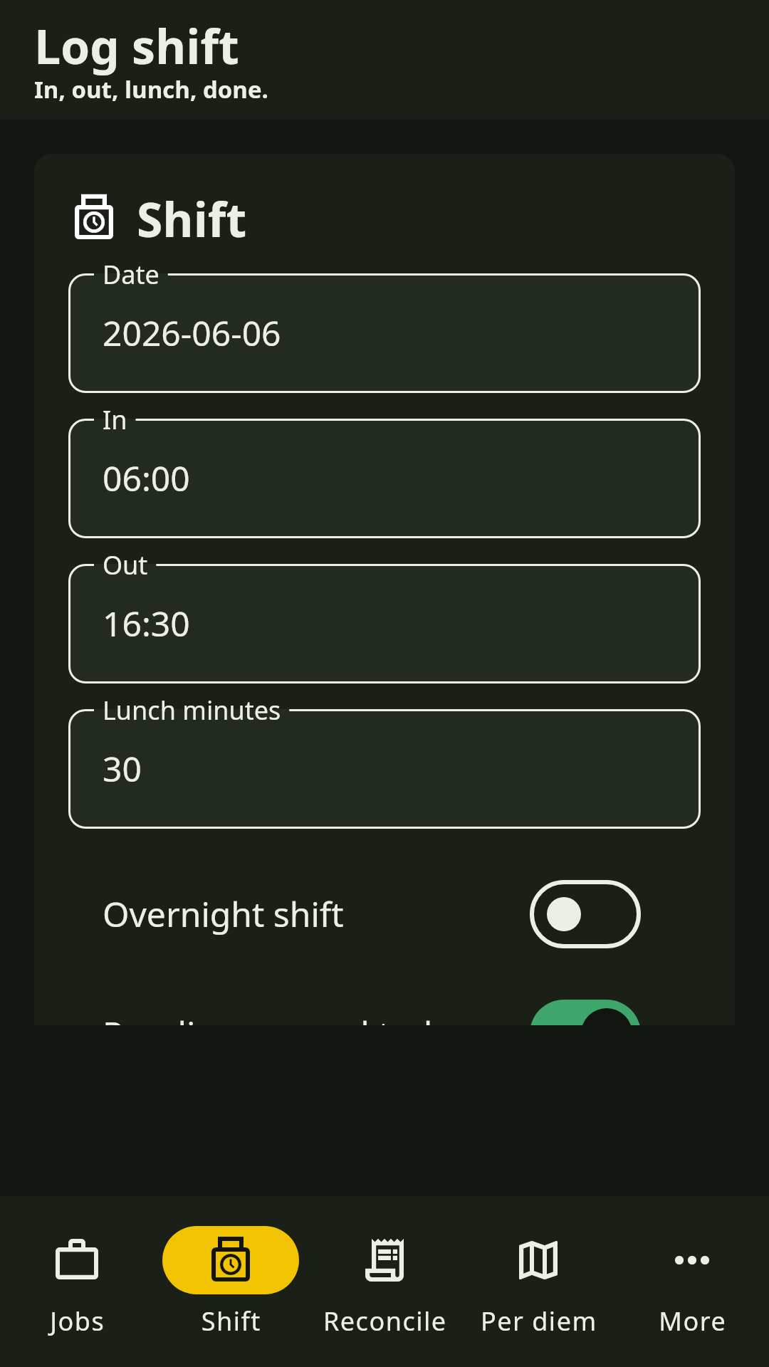 Shift logger screen with overtime and per diem totals