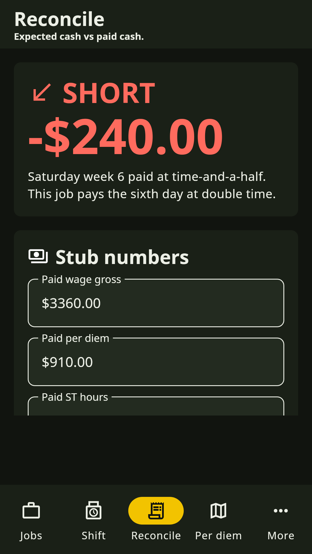 Paycheck reconcile screen with shorted overtime verdict