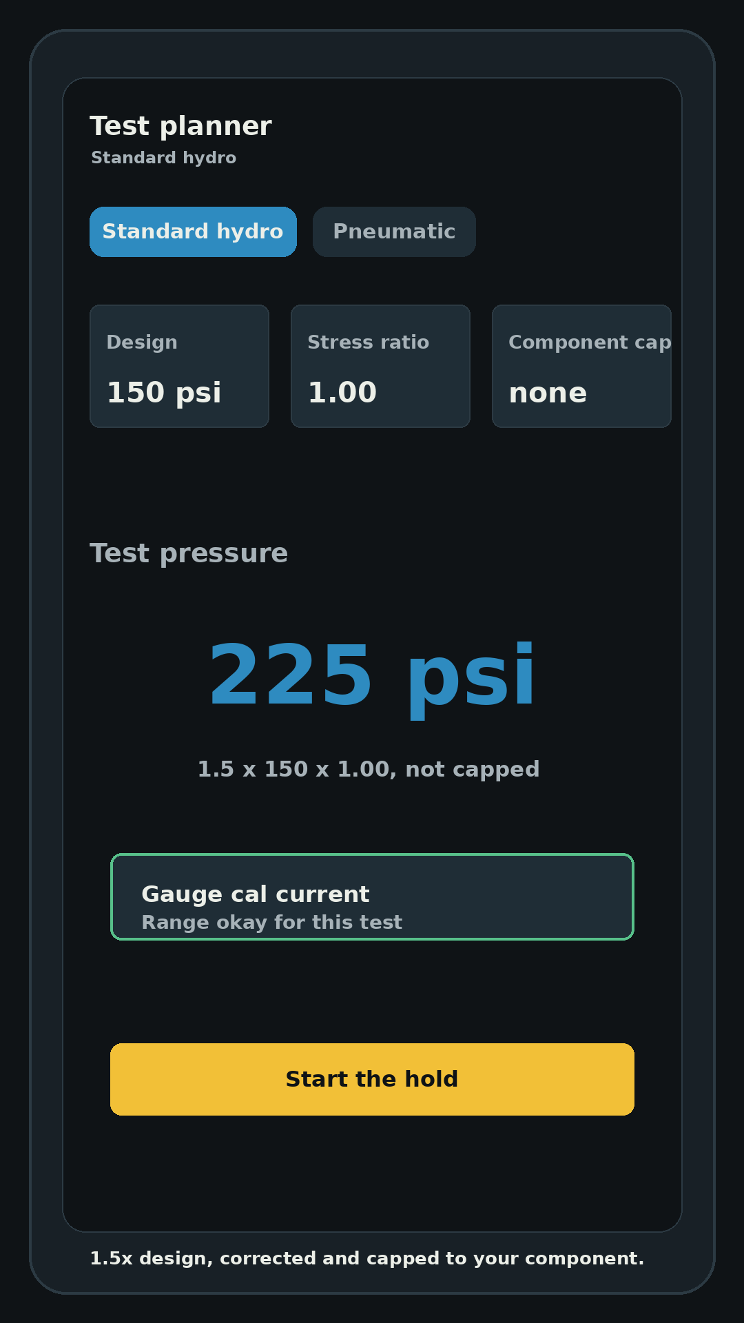 HydroTest DC test pressure planner