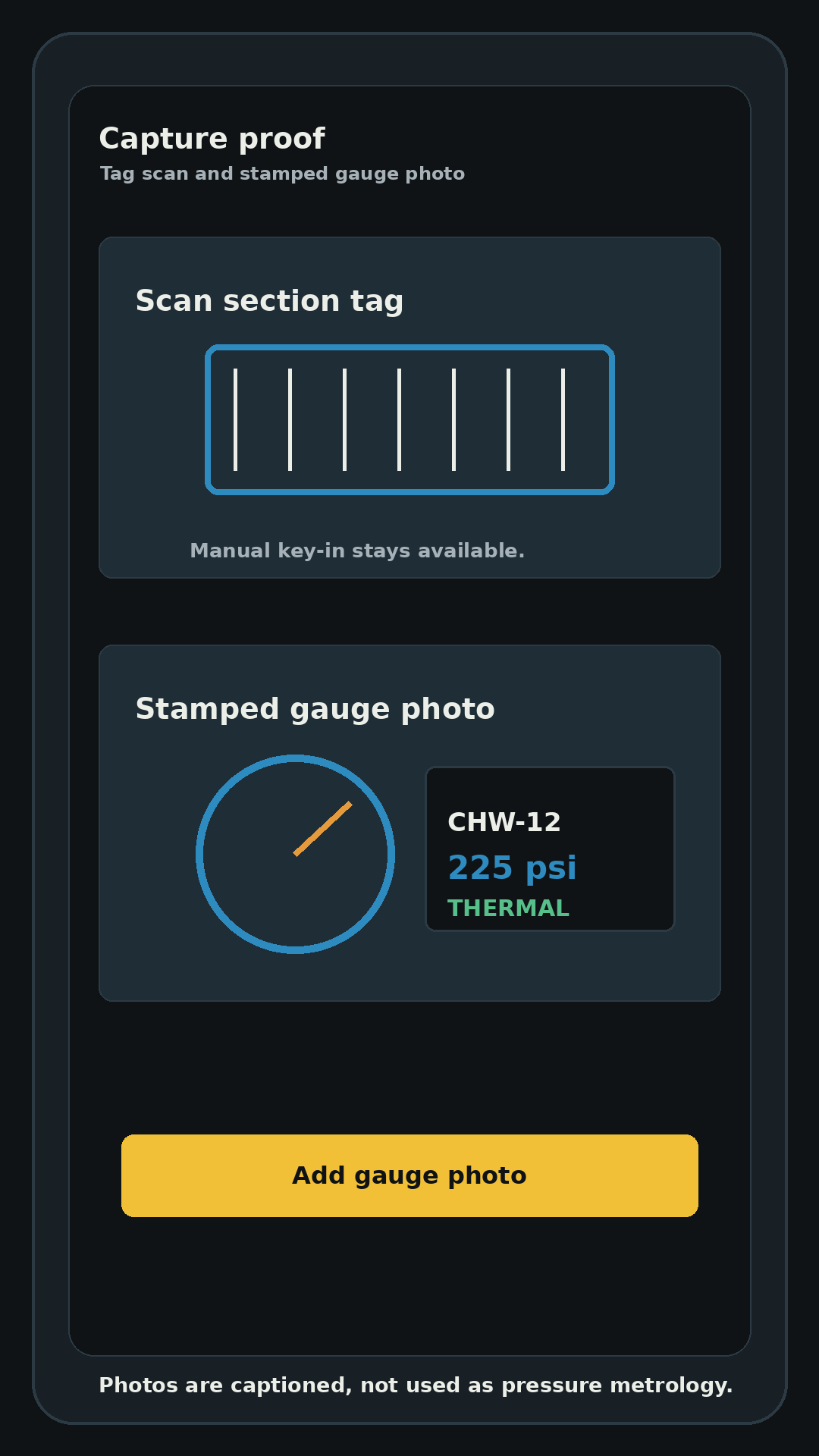 HydroTest DC gauge photo proof screen