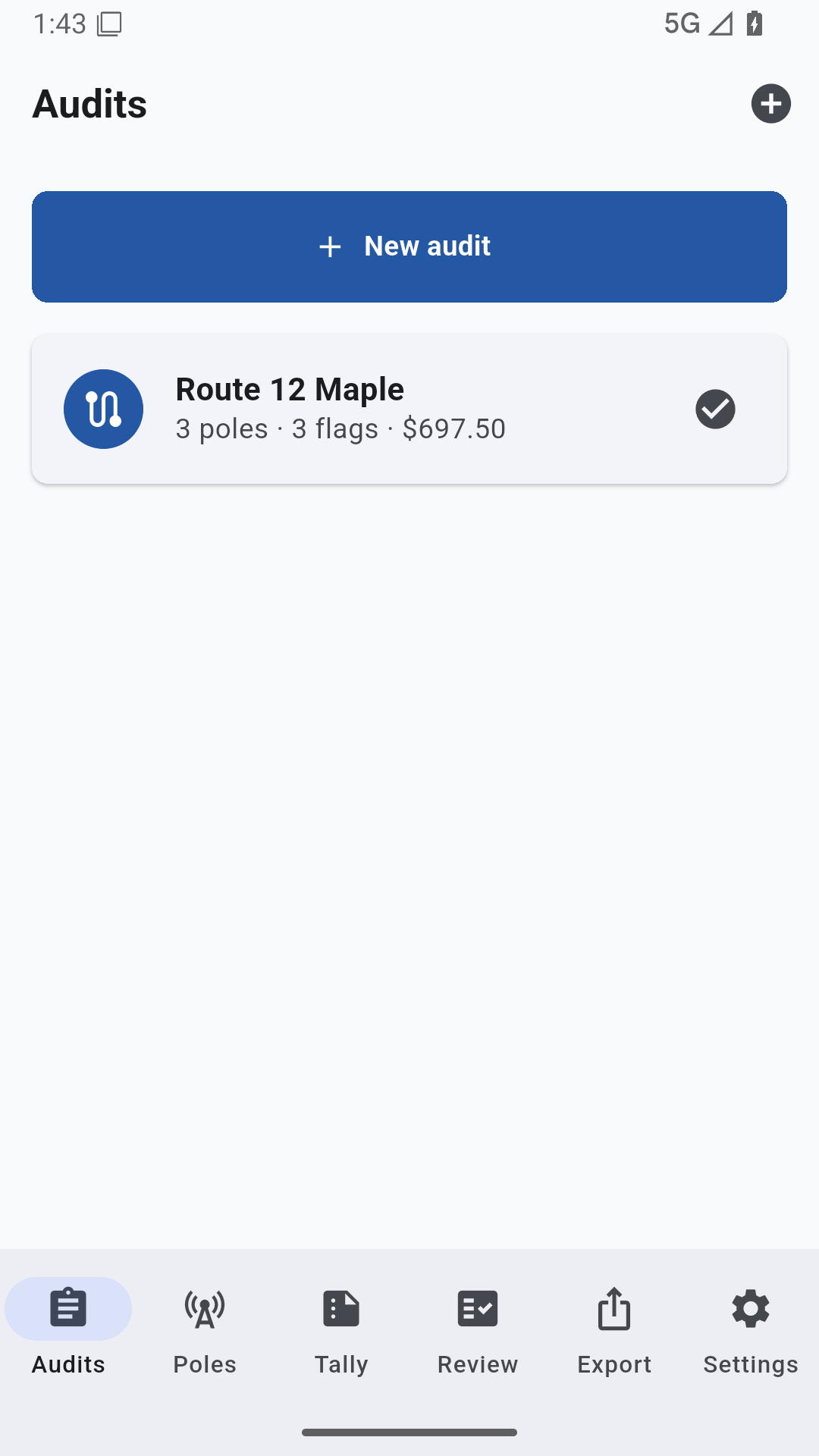 Audits screen with active route totals and next-pole action