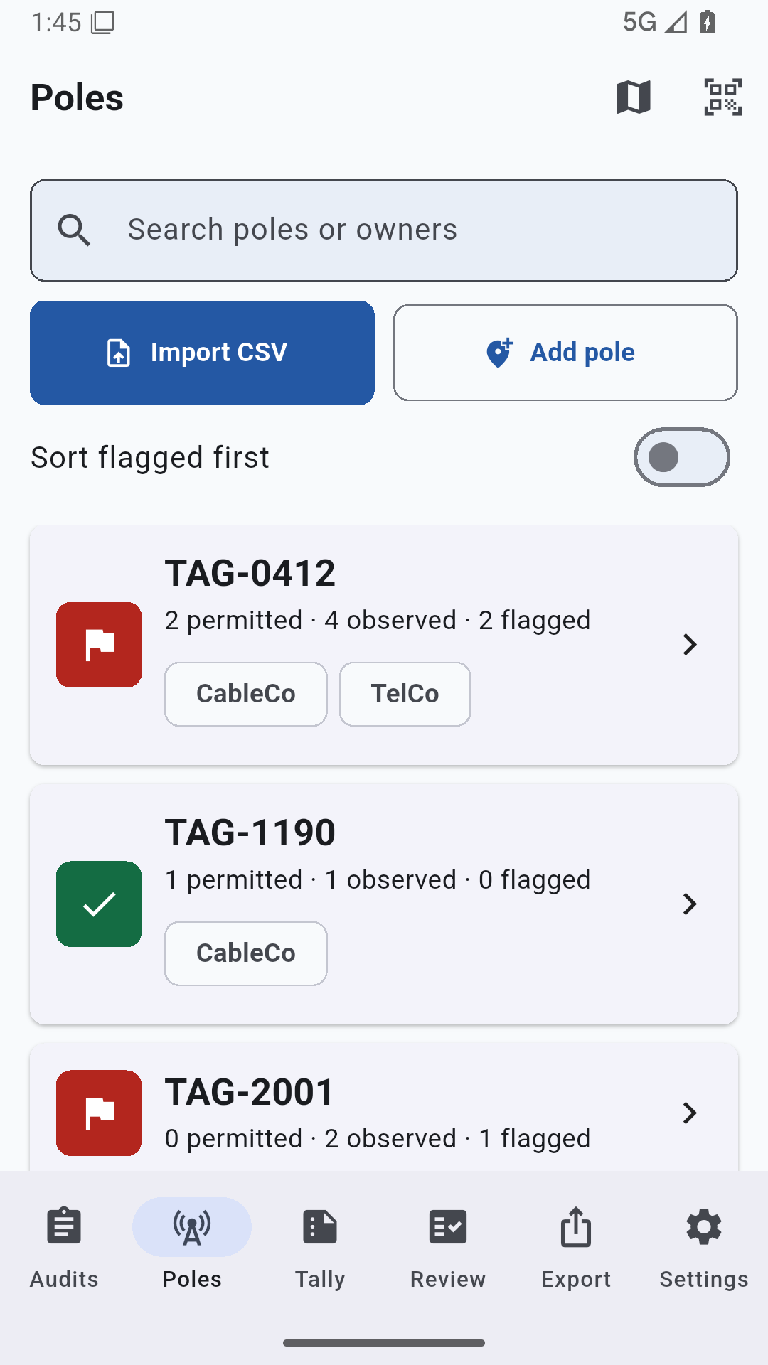 Pole list showing imported poles with match, review, and flagged status