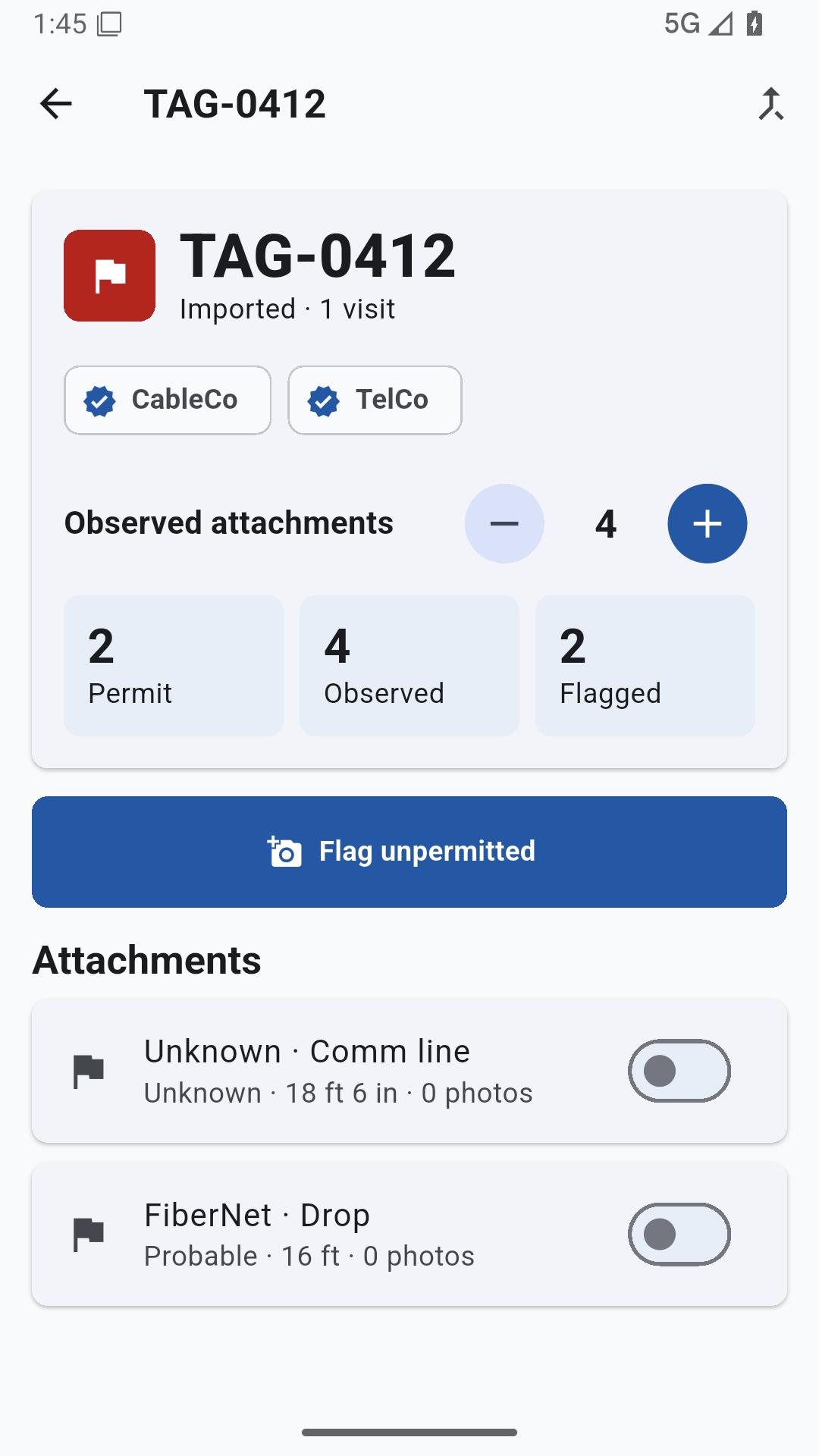 Pole card showing permitted attachers, observed count, photos, and flags