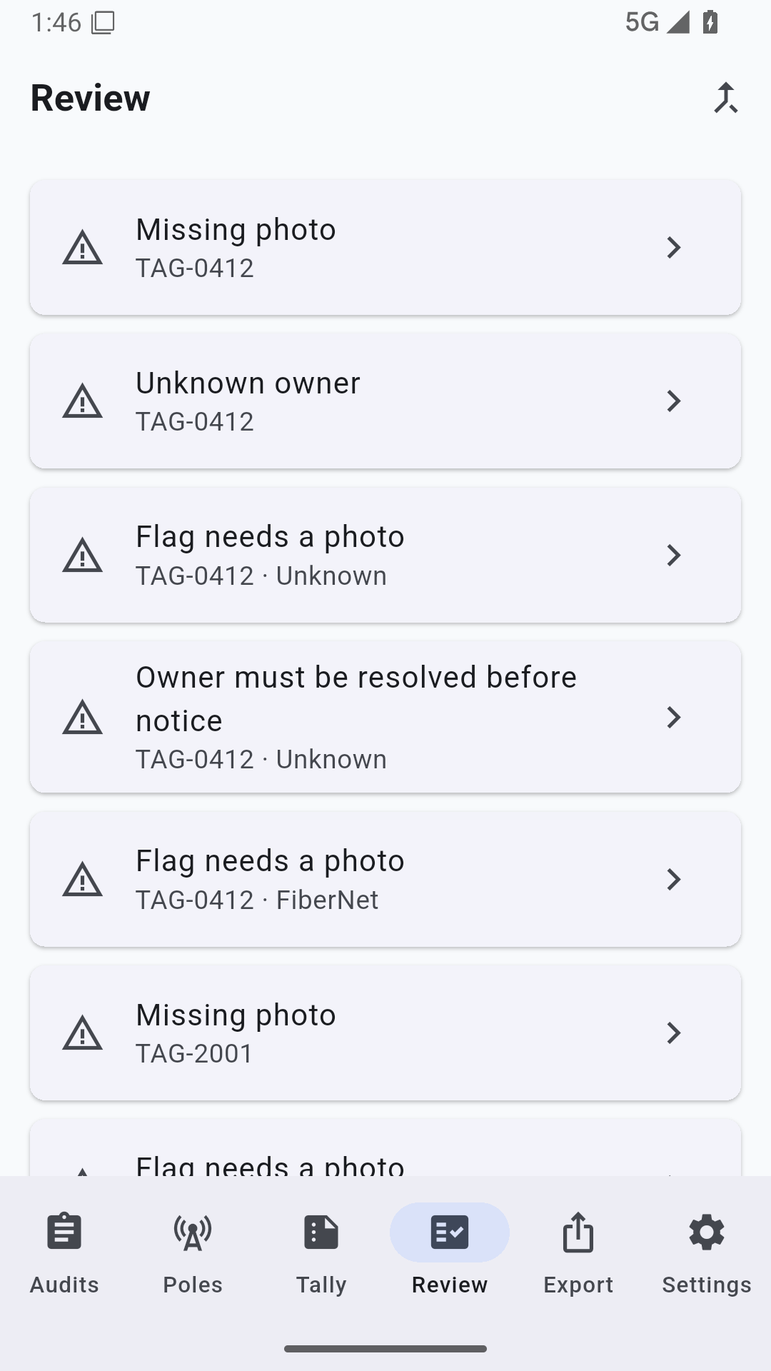 Review screen showing unknown owners, missing photos, and duplicate checks