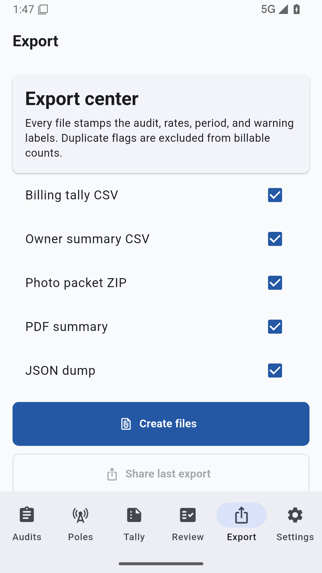 Export screen with CSV, ZIP, PDF, JSON, and share controls