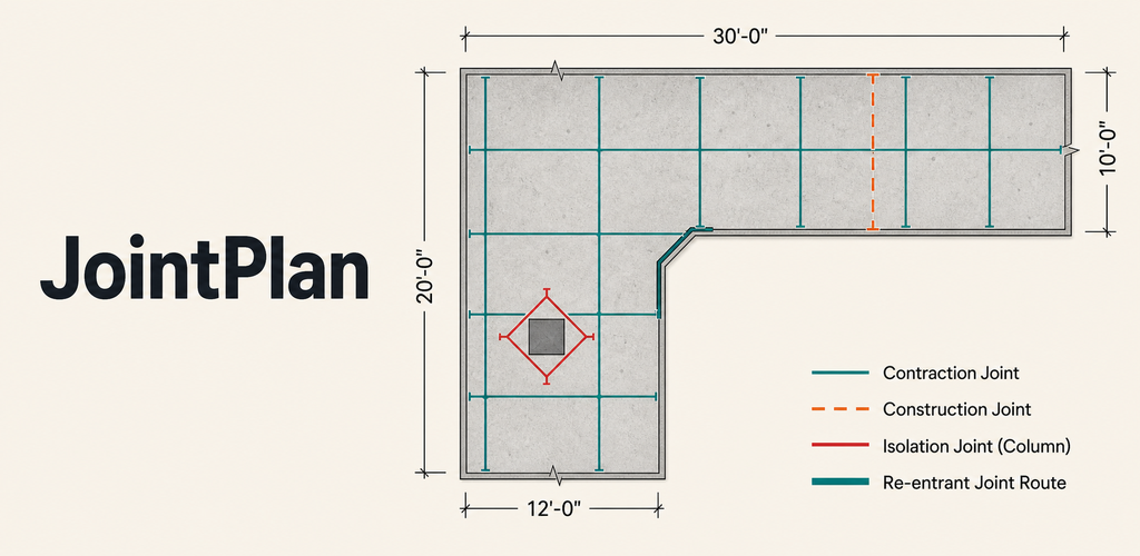 JointPlan L-shaped slab drawing with control joints, isolation diamond, and dimensions