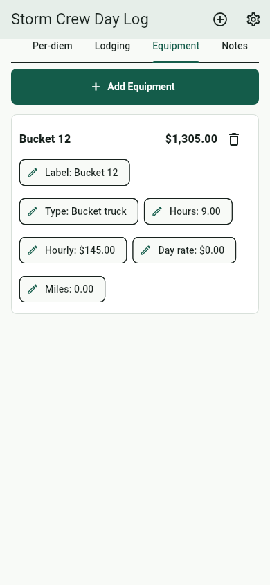 Storm Crew Day Log equipment screen